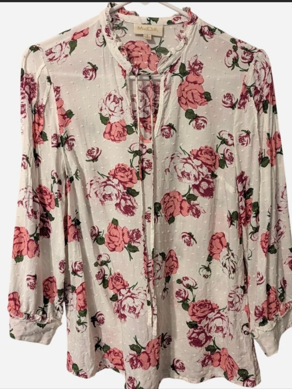 Modcloth Floral Swiss Dot Peasant Blouse Pink & White, Size Small